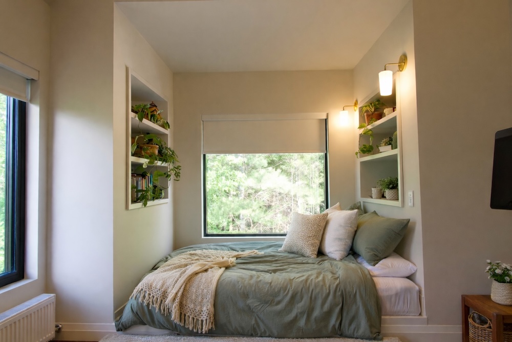 Hufflepuff bedroom nook with queen bed by the window