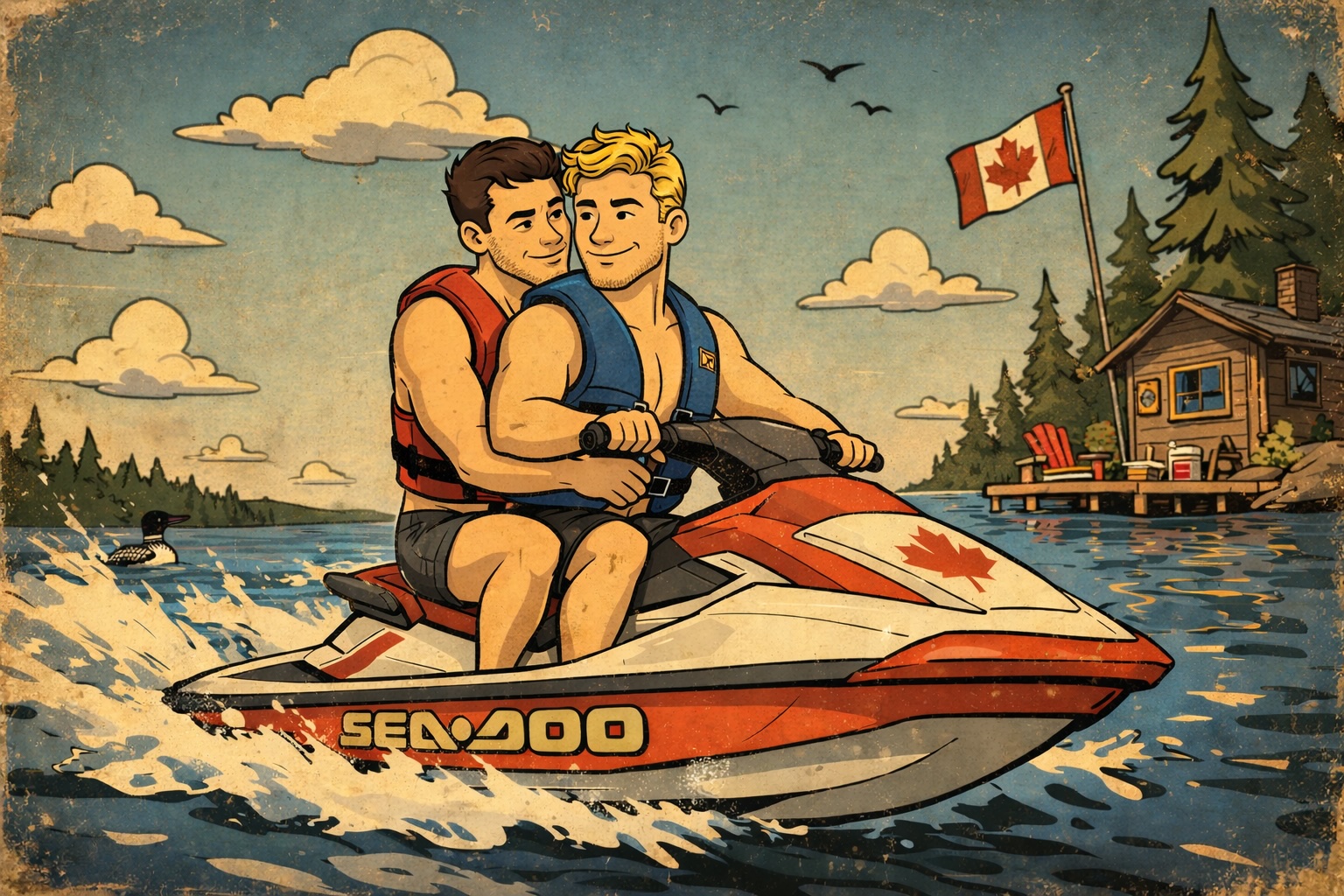 Illustrated poster-style image of two guys riding a Seadoo on the lake beside the cottage
